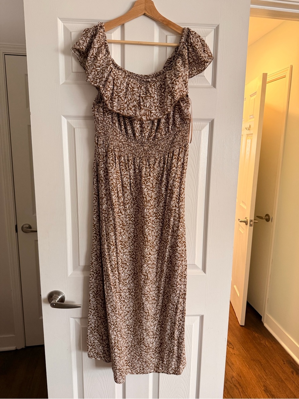 Brown Printed Smocked Maxi Dress